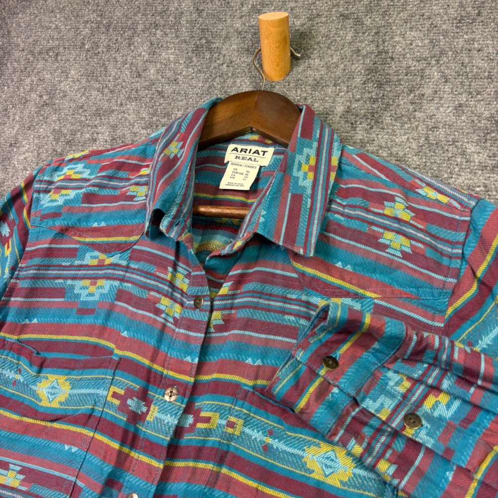 Ariat REAL Western Shirt Womens XL Blue Burgundy Southwestern Cotton Button Down
